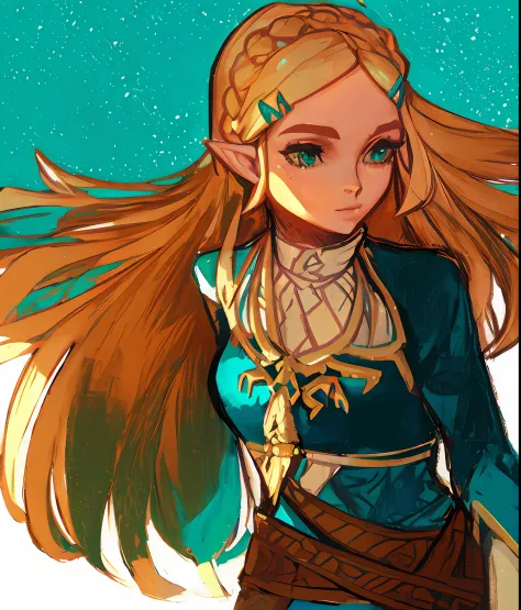 um desenho de uma mulher com longos cabelos loiros segurando uma espada, Zelda Botw, estilo Botw, Retrato de Zelda, Arte estilo ...