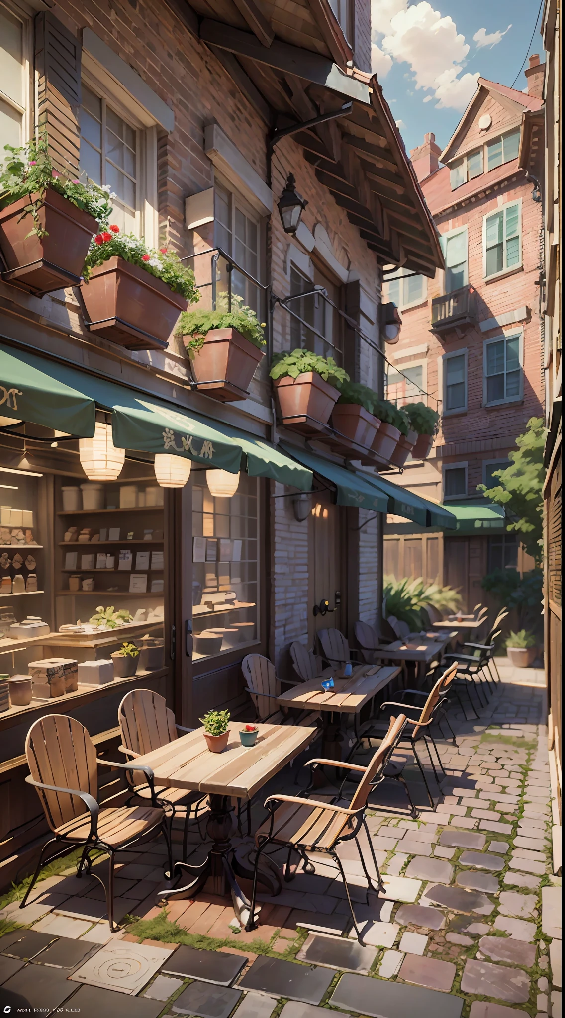 il y a un patio avec une table et des chaises et une porte, by senior art de l&#39;environnementist, Art conceptuel relaxant, inspired by senior art de l&#39;environnementist, magnifique concept art 3D, art de l&#39;environnement, Scène stylisée en 3D, fond de café confortable, art conceptuel de paysages d’anime, akihiko yoshida. Moteur irréel, art de fond animé, style 3D réaliste, scène très détaillée