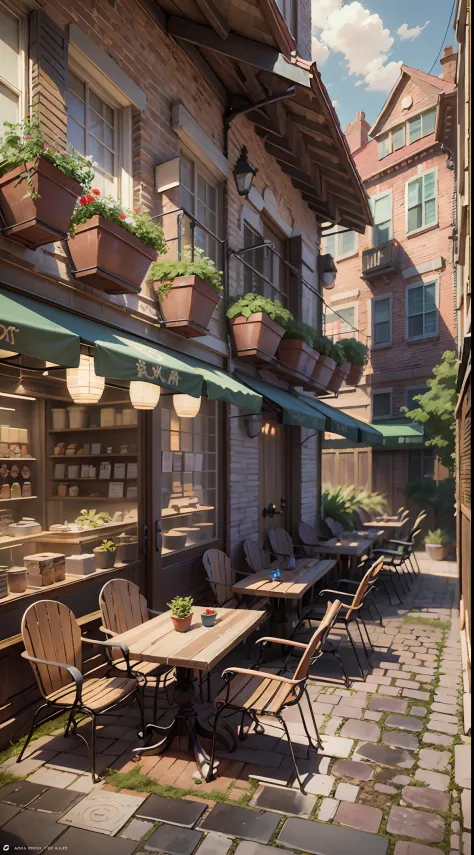 there is a patio with a table and chairs and a door, by senior environment artist, relaxing concept art, inspired by senior envi...