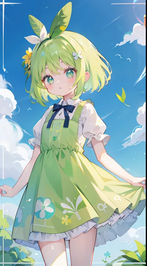 One girl、Yellow-green hair、​masterpiece、top-quality、Top image quality、cute little、sano、Short sleeve dresses、summer  dress、Ribbon...