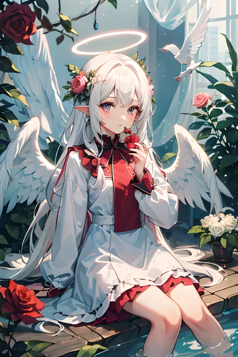 1girll, flower, Solo,Halo, Long hair, Wings, White hair, pink flower, Sitting, flor branca, angel, water, Rose, Long sleeves, Red flower, dress, head rest, Angel wings, Feathered wings, Closed mouth, Pink rose, blueflower, bangs, White dress, plant