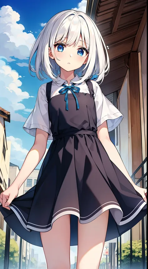One girl、white  hair、blue eyess、​masterpiece、top-quality、Top image quality、cute little、Long、summer  dress、shortsleeves、on clouds