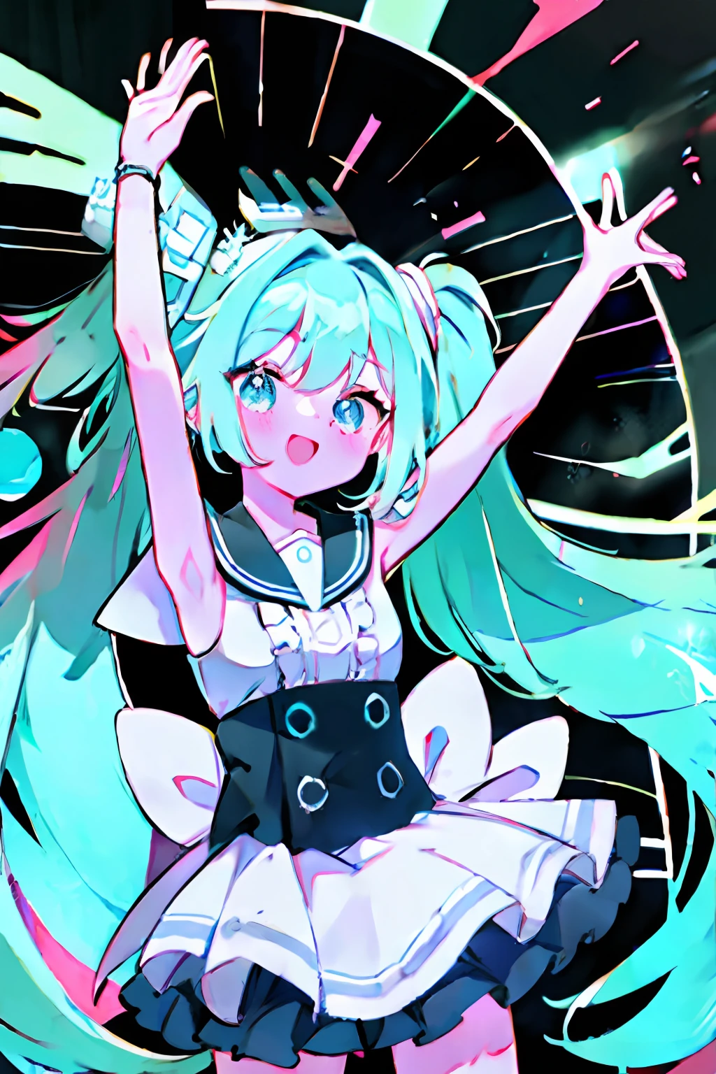 Buruakamik, 1girl in, 独奏, Long, Look at viewers, red blush, a smile, Opening Mouth, bangss, blue eyess, Twin-tailed, Very long hair, Idol costumes、 sailor collar, arms up, sleeveless shirts, aqua hair, hair adornments, cowboy  shot