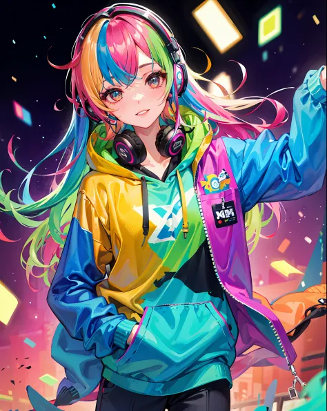1girl,solo,rainbow hair, hoodie,straight hair, hand in pocket, headphones,