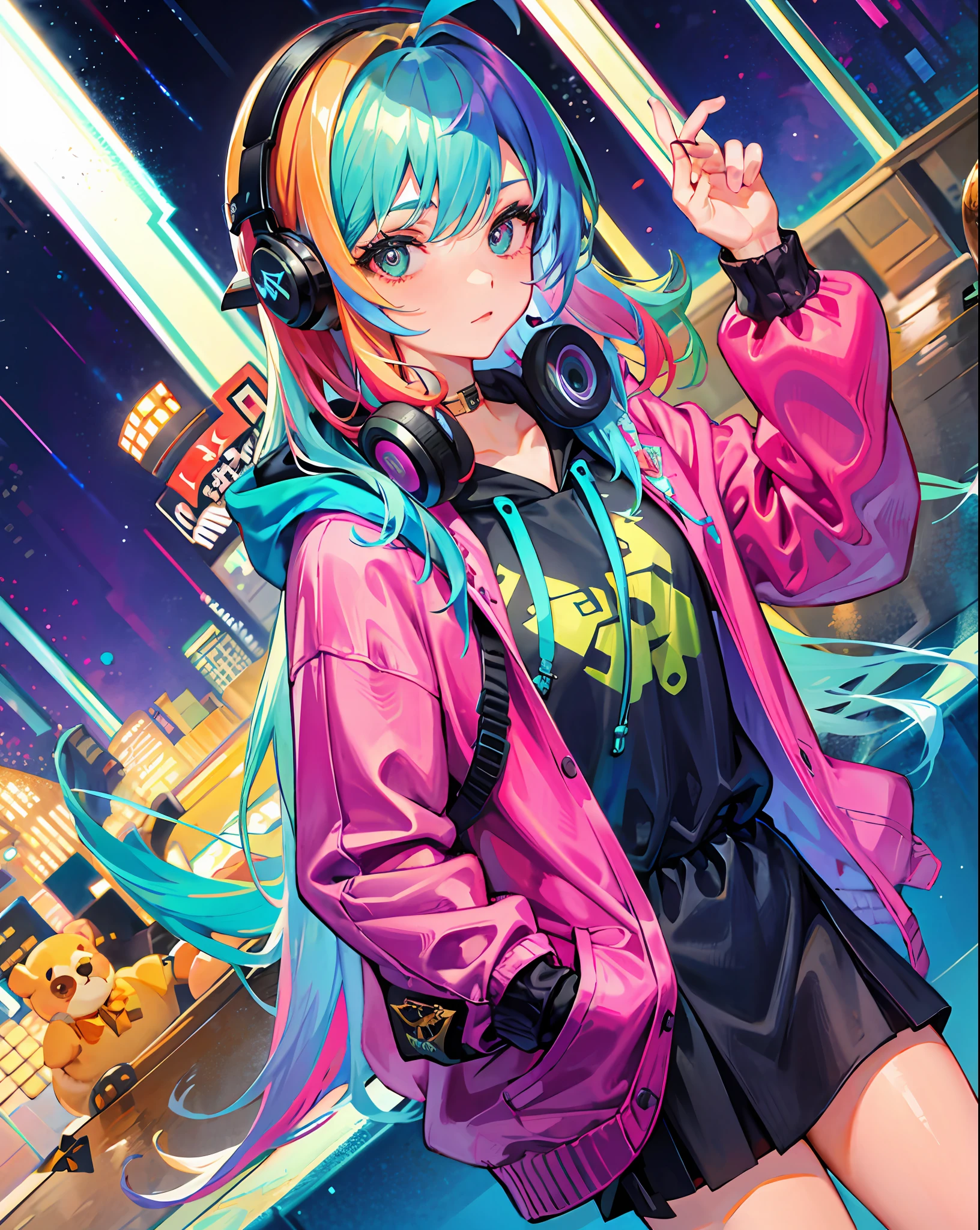 1girl,solo,rainbow hair, hoodie,straight hair, hand in pocket, headphones,