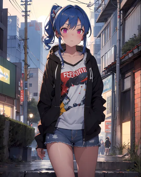 stlouis, side ponytail, 1girl,solo,(flat chest),hoodie,  cowboy shot,headphones around neck,(hand in pocket),outdoors,cyberpunk, digital rain, digital dissolve, bare_legs,building,full moon, neon lights, ray_tracing,masterpiece,highly detailed,