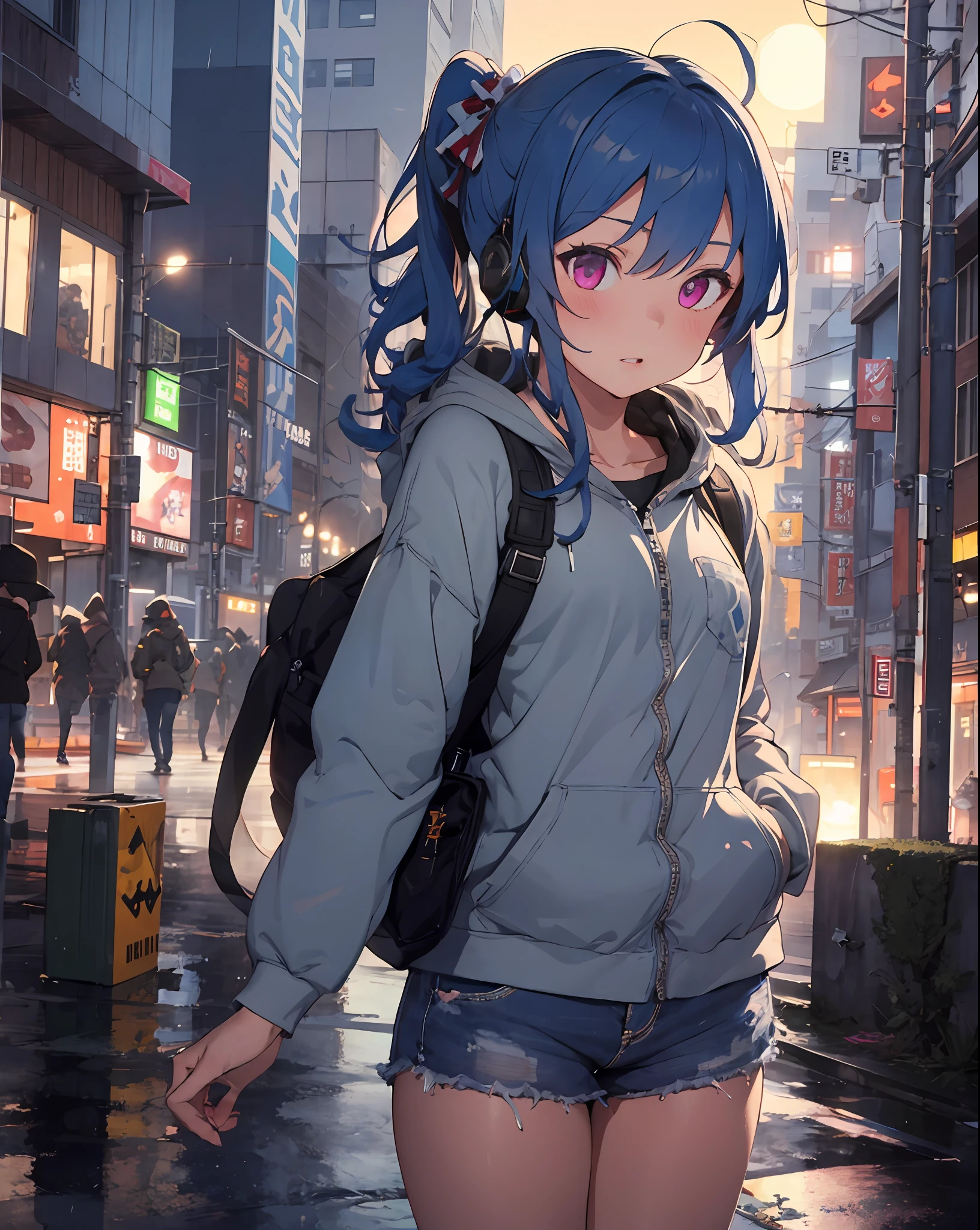 stlouis, side ponytail, 1girl,solo,(flat chest),hoodie,  cowboy shot,headphones around neck,(hand in pocket),outdoors,cyberpunk, digital rain, digital dissolve, bare_legs,building,full moon, neon lights, ray_tracing,masterpiece,highly detailed,
