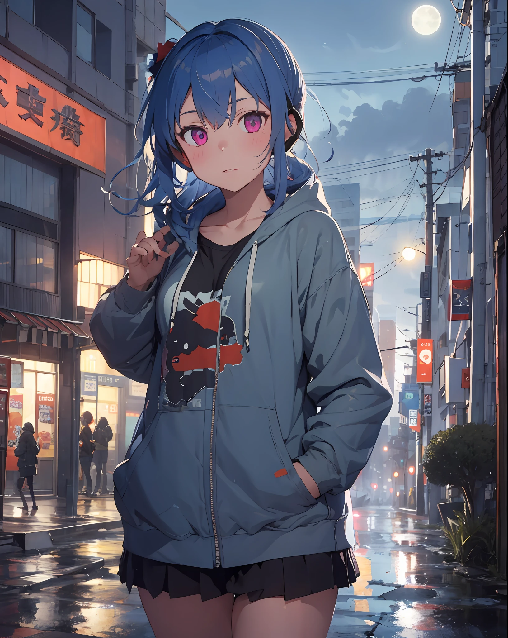 stlouis, side ponytail, 1girl,solo,(flat chest),hoodie,  cowboy shot,headphones around neck,(hand in pocket),outdoors,cyberpunk, digital rain, digital dissolve, bare_legs,building,full moon, neon lights, ray_tracing,masterpiece,highly detailed,