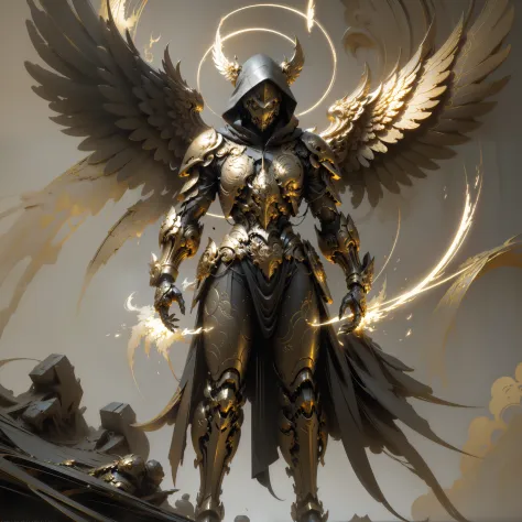 golden armored angel, wings made of energy, metal halo, no face, hooded, gold, fantasy, concept art, ultra realistic, character ...