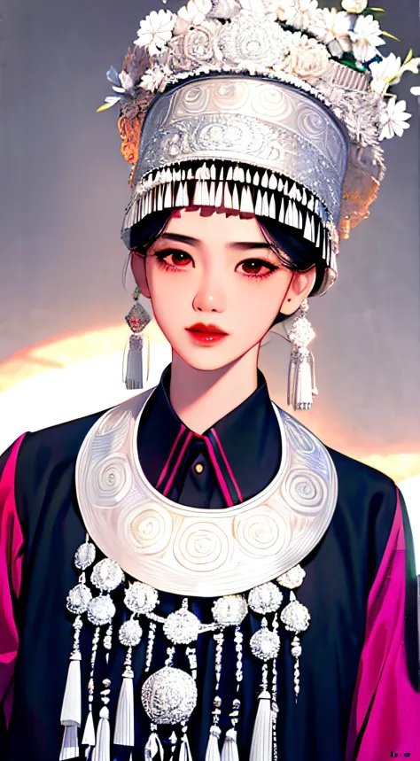 hyper HD, retinas, Masterpiece, ccurate, Anatomically correct, Textured skin, High details, Best quality, High quality, A high resolution, 16k, 1080p，tmasterpiece， Best quality at best， G1A2S， with a pure white background，， Hmong,garments、head gear、耳Nipple...