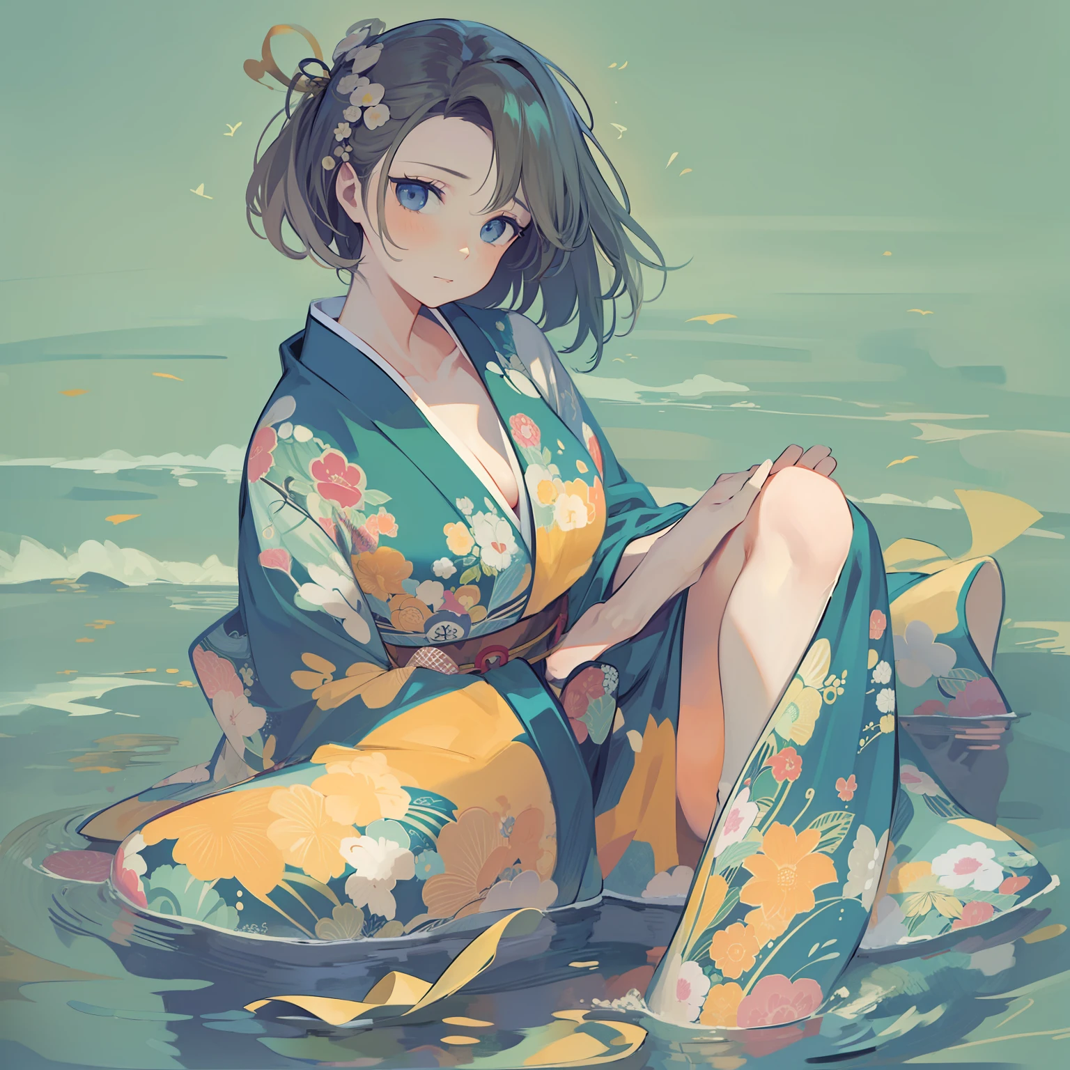 (Masterpiece)), (Best Quality), Amelia Watson,amelia_kimono, blue kimono, yellow hakama, fish print, (NSFW: 1.5), full body, solo