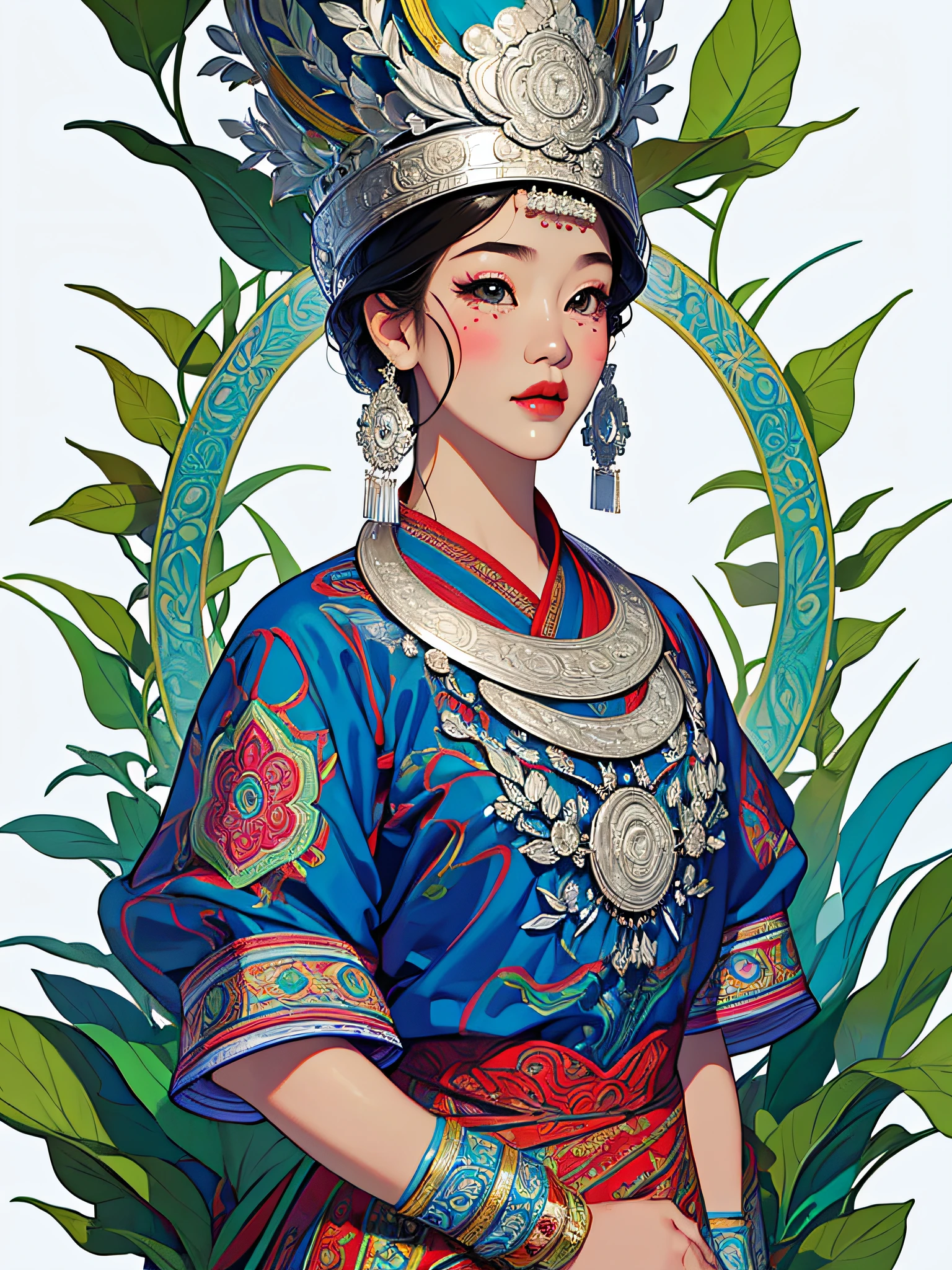 (illustration:1.3)Miao girl in Hmong costume (by Artist Anna Dittman:1), (((Masterpiece))), (((Best quality))), ((Ultra-detailed)),(Detailed light),((An extremely delicate and beautiful)), Hmong,garments、head gear、耳Nipple Ring，with a pure white background，Cutout