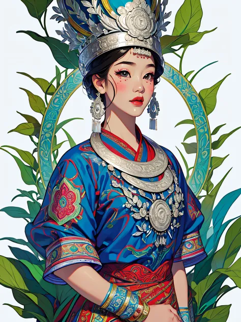 (illustration:1.3)Miao girl in Hmong costume (by Artist Anna Dittman:1), (((Masterpiece))), (((Best quality))), ((Ultra-detailed)),(Detailed light),((An extremely delicate and beautiful)), Hmong,garments、head gear、耳Nipple Ring，with a pure white background，...