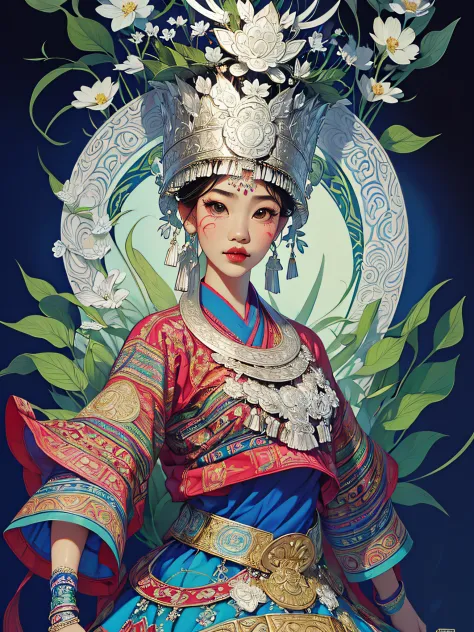 (illustration:1.3)Miao girl in Hmong costume (by Artist Anna Dittman:1), (((Masterpiece))), (((Best quality))), ((Ultra-detailed)),(Detailed light),((An extremely delicate and beautiful)), Hmong,garments、head gear、耳Nipple Ring，with a pure white background，...