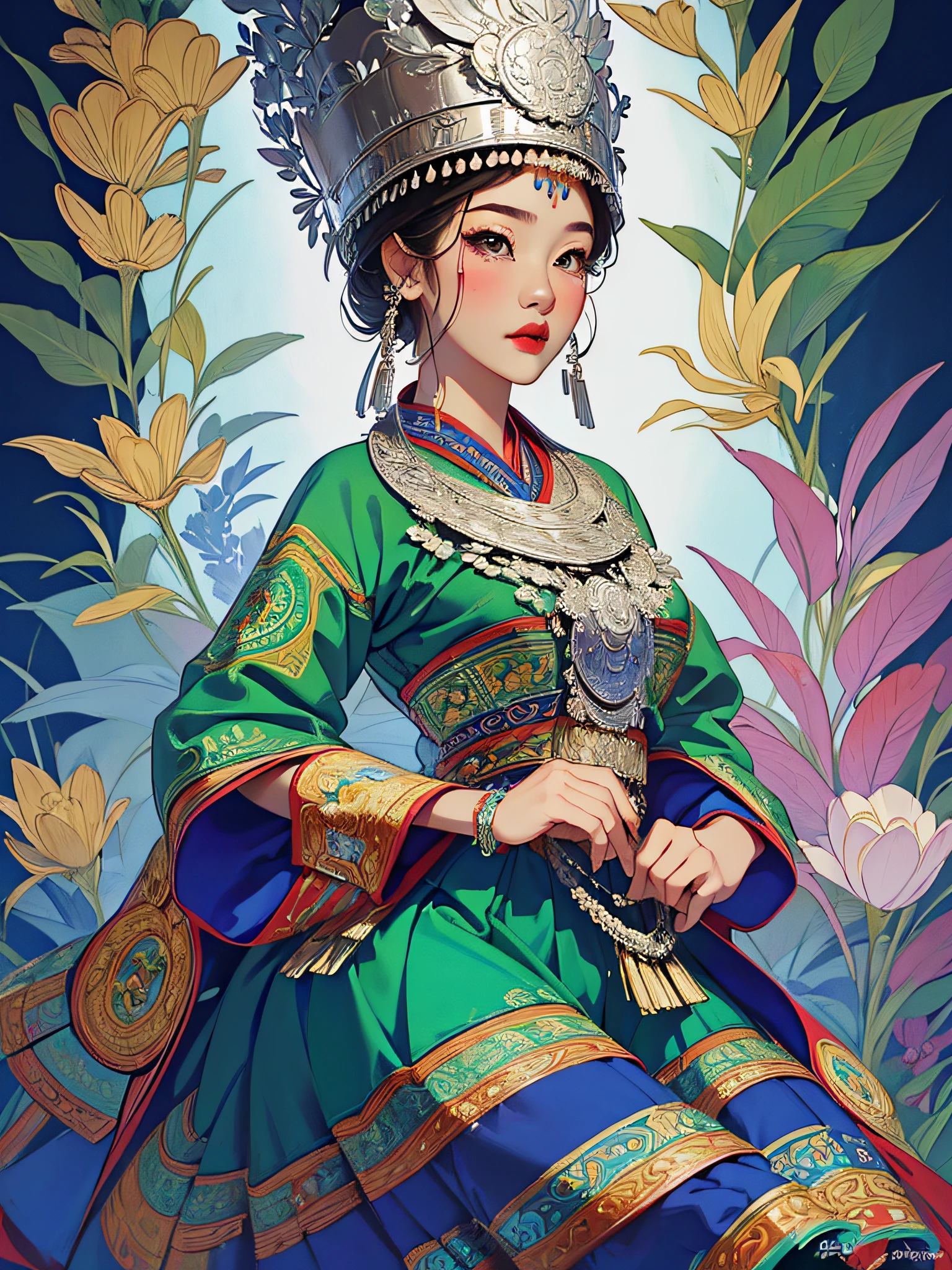 (illustration:1.3)Miao girl in Hmong costume (by Artist Anna Dittman:1), (((Masterpiece))), (((Best quality))), ((Ultra-detailed)),(Detailed light),((An extremely delicate and beautiful)), Hmong,garments、head gear、耳Nipple Ring，with a pure white background，Cutout