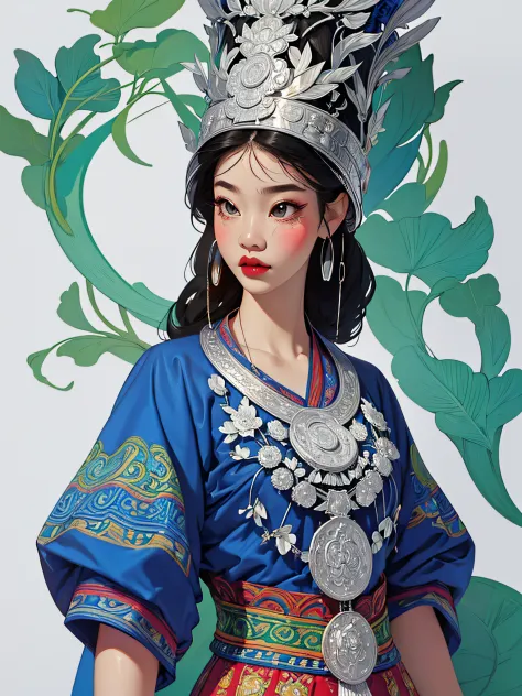 (illustration:1.3)Miao girl in Hmong costume (by Artist Anna Dittman:1), (((Masterpiece))), (((Best quality))), ((Ultra-detailed...