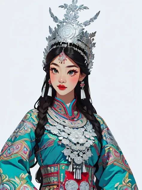 (illustration:1.3)Hmong girls wearing Hmong costumes (by Artist Anna Dittman:1), (((Masterpiece))), (((Best quality))), ((Ultra-detailed)),(Detailed light),((An extremely delicate and beautiful)), Hmong,garments、head gear、耳Nipple Ring，with a pure white bac...