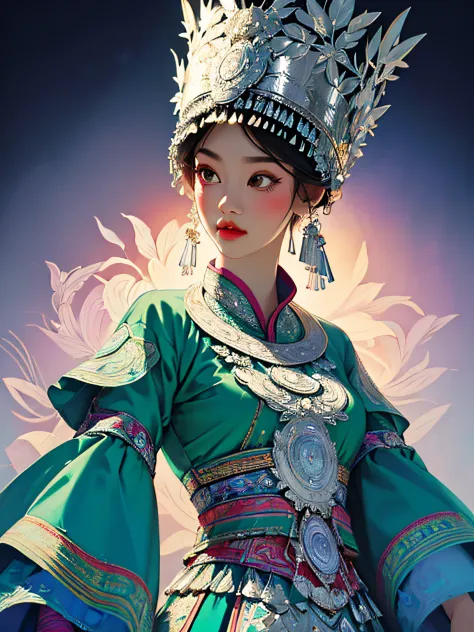 (illustration:1.3)Hmong girls wearing Hmong costumes (by Artist Anna Dittman:1), (((Masterpiece))), (((Best quality))), ((Ultra-detailed)),(Detailed light),((An extremely delicate and beautiful)), Hmong,garments、head gear、耳Nipple Ring，with a pure white bac...