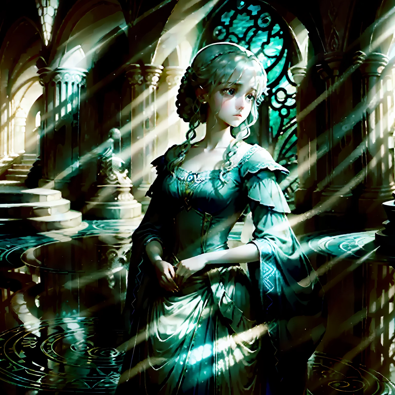 A CURSED CHILD OF TEILIGHT, UIN A SCENE THAT POORTRAYS HER ETHEREAL AND SORROWFUL NATURE. HER APPEARANCE IS DELICATE, PORCELAIN SKIN AND WHITE HAIR, FALLING IN GENTLE WAVES AROUND HER. EYES AR A MESMERIZING SHADE OF BLUE. DRESSED IN A FLOWING BLUE GOWN. POSTURE IS SUBDUED, HINTING AT THE BURDEN SHE CARRIES, YET THERE IS A GLIMMER OF HOPE IN HER EYES.  A  OF BOTH DARKNESS AND LIGHT. A SCENE OF MELANCHOLY AND WONEDER. SHE IS LUNA --auto