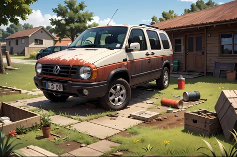 the courtyard of the family home features the presence of an old volkswagen california. abandoned t1 model, over time，it clearly...