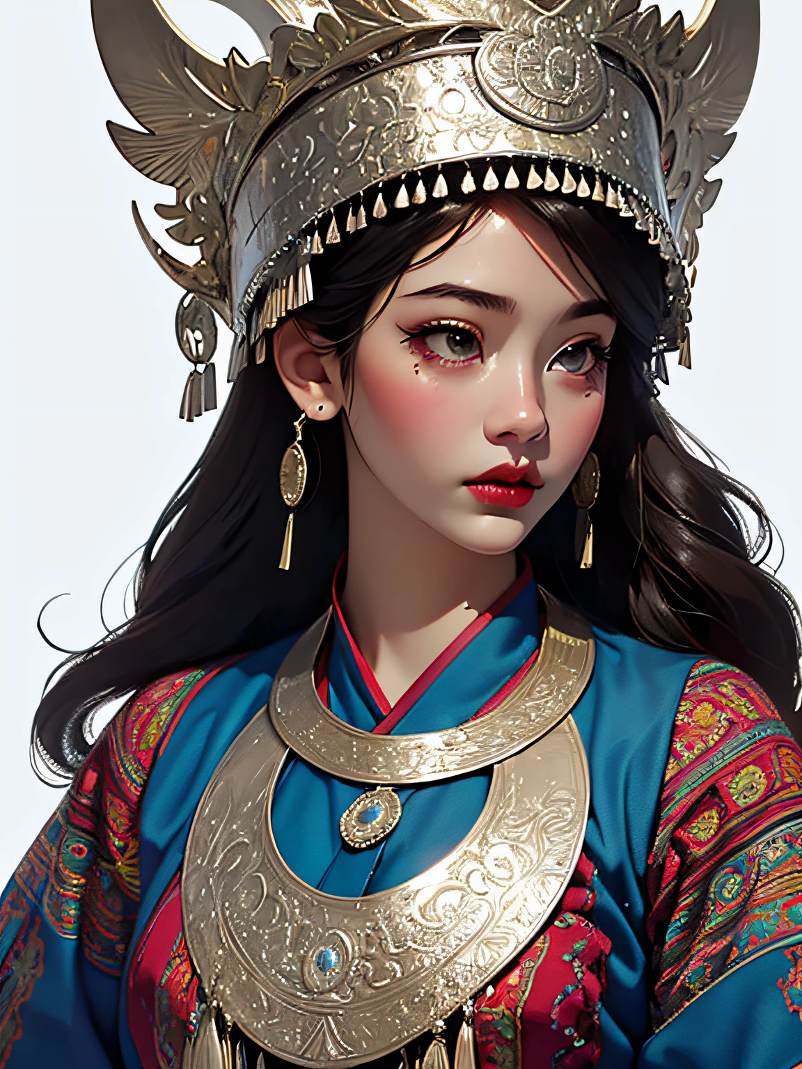 (illustration:1.3)Hmong girl in Hmong costume (by Artist Anna Dittman:1), (((Masterpiece))), (((Best quality))), ((Ultra-detailed)),(Detailed light),((An extremely delicate and beautiful)), Hmong,garments、head gear、耳Nipple Ring，with a pure white background，Cutout