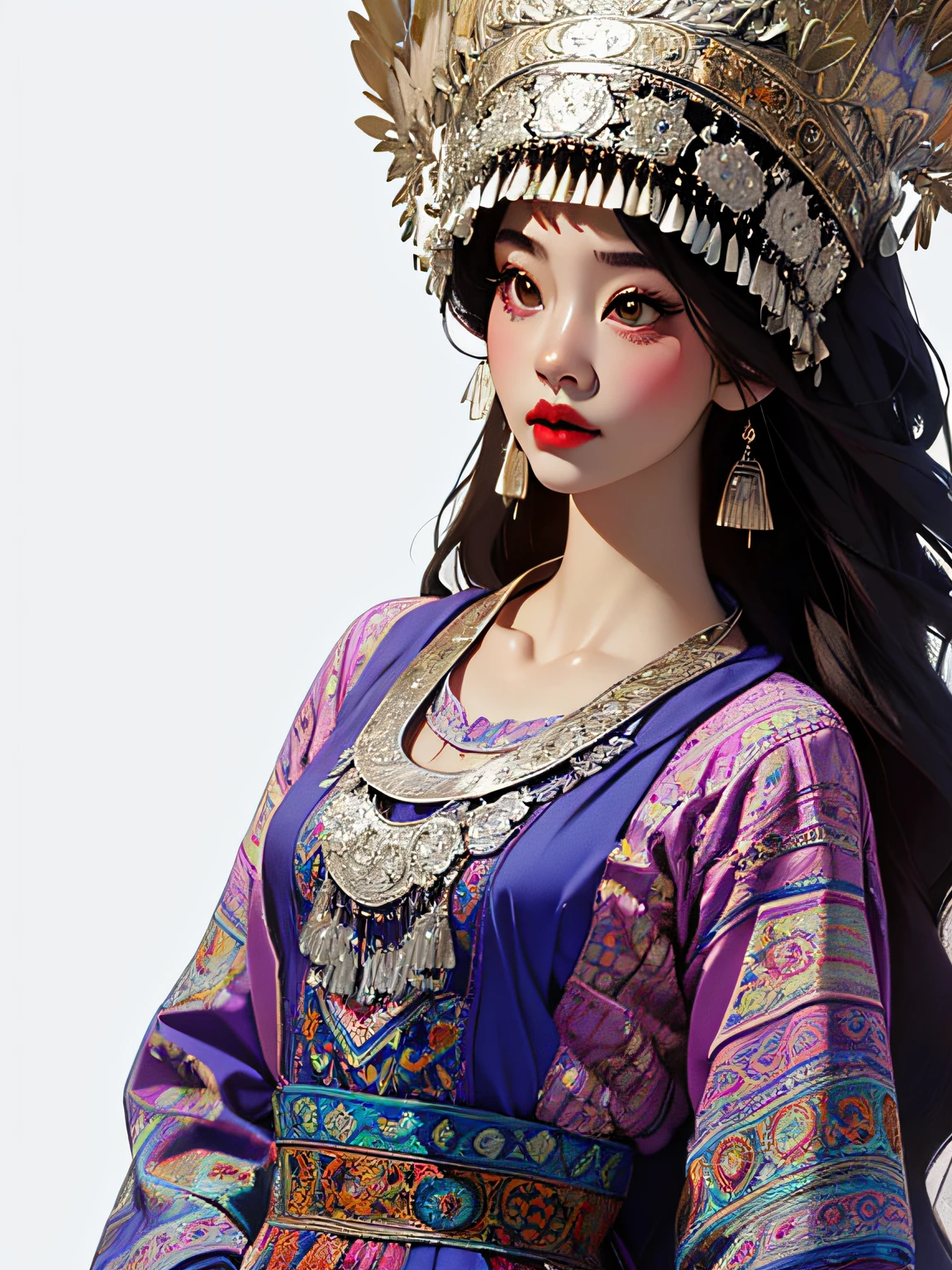 (illustration:1.3)Hmong girl in Hmong costume (by Artist Anna Dittman:1), (((Masterpiece))), (((Best quality))), ((Ultra-detailed)),(Detailed light),((An extremely delicate and beautiful)), Hmong,garments、head gear、耳Nipple Ring，with a pure white background，Cutout