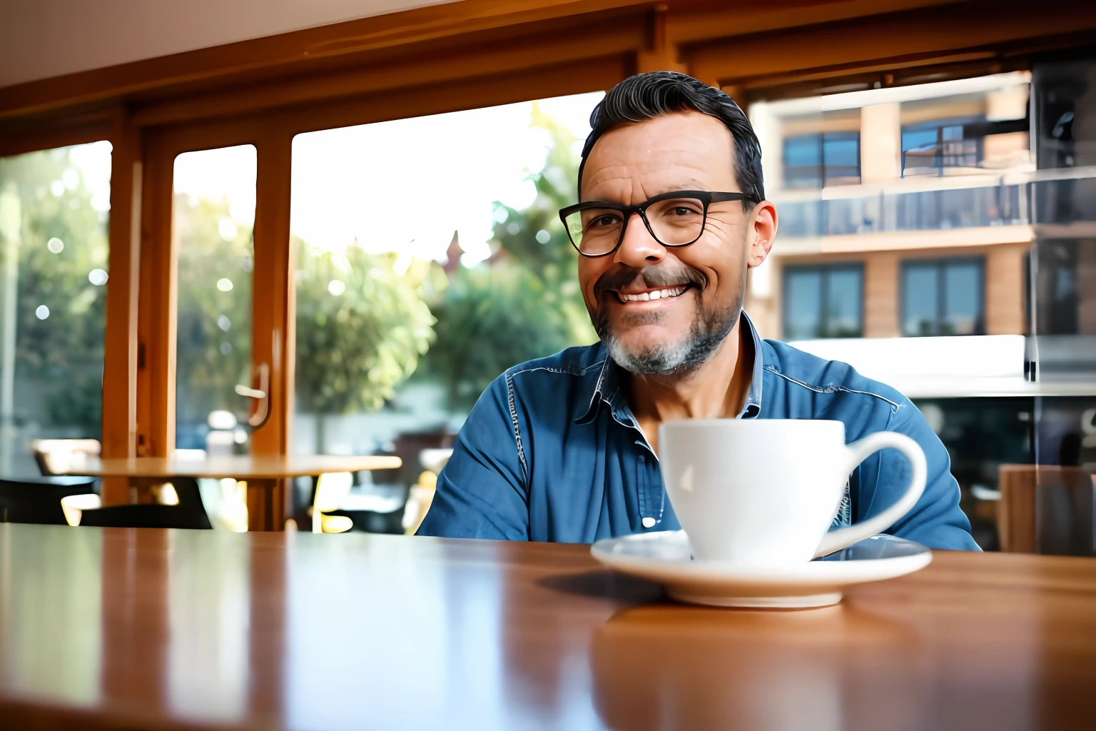 guttonerdjul23, ((best quality)), ((master part)): Um retrato realista de um homem de 45 anos com cabelos e olhos castanhos escuros, enjoying a cup of coffee in a lovely café. The café features an espresso machine on the counter and shelves with several cups of coffee and accessories. The rustic style of the café is enhanced by flower pots, and soft-lit filters through the side windows. The man's expression reflects his contentment as he drinks his coffee. The background is deftly blurred, Drawing attention to the main subject. eyelevel, Scenic, master part. UHD.