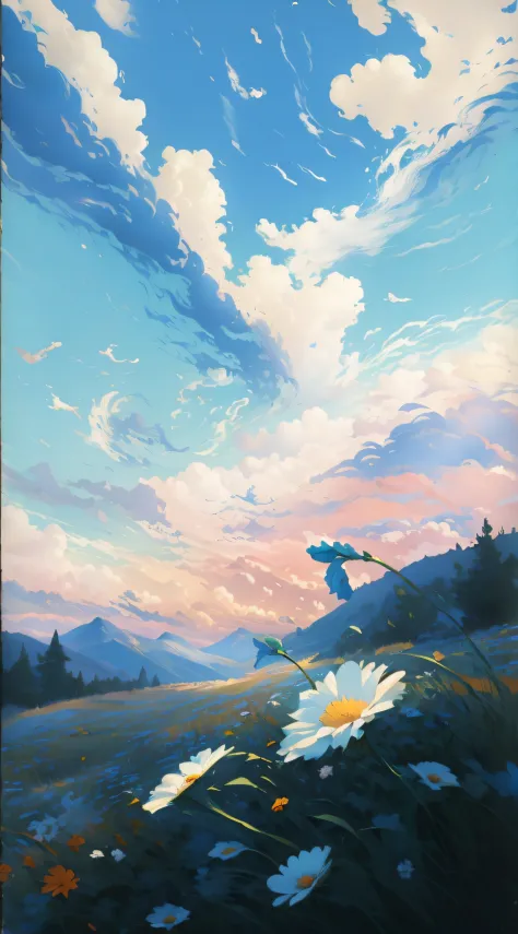 （tmasterpiece：1.2，best qualtiy），16k，draw a field painting with flowers and sky, harmony of swirly clouds, painting of a dreamsca...