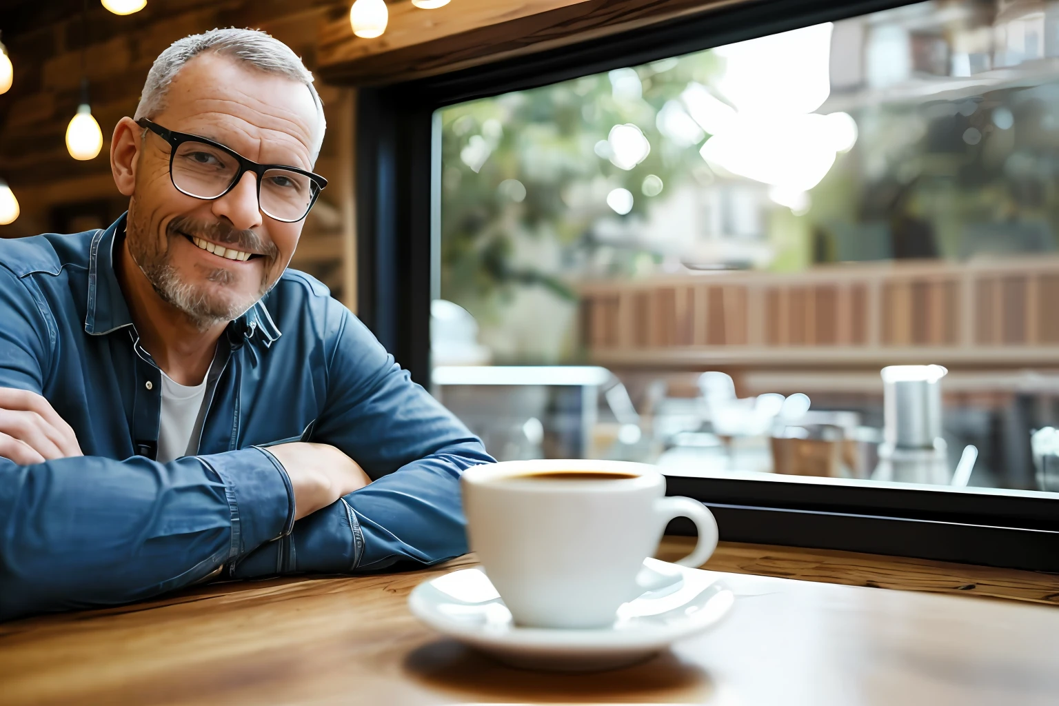 guttonerdjul23, ((best quality)), ((master part)): Um retrato realista de um homem de 45 anos com cabelos e olhos castanhos escuros, enjoying a cup of coffee in a lovely café. The café features an espresso machine on the counter and shelves with various coffee cups and accessories. The rustic style of the café is enhanced by flower pots, and softly lit filters through the side windows. The man's expression reflects his contentment as he drinks his coffee. The background is deftly blurred, Drawing attention to the main subject. eyelevel, Scenic, master part. UHD.