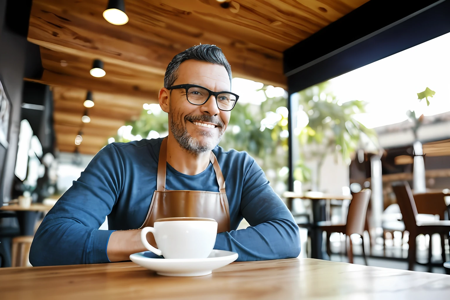 guttonerdjul23, ((mejor calidad)), ((parte maestra)): Un retrato realista de un hombre con cabello y ojos castaños oscuros., cara muy detallada, Disfrutando de una taza de café en una cafetería encantadora. La cafetería cuenta con una máquina de café expreso en el mostrador y estantes con varias tazas de café y accesorios.. El estilo rústico de la cafetería se ve realzado por macetas, y filtros suavemente iluminados a través de las ventanas laterales. La expresión del hombre refleja su satisfacción mientras bebe su café. El fondo está hábilmente difuminado, Llamar la atención sobre el tema principal. Nivel de los ojos, escénico, parte maestra. HD.