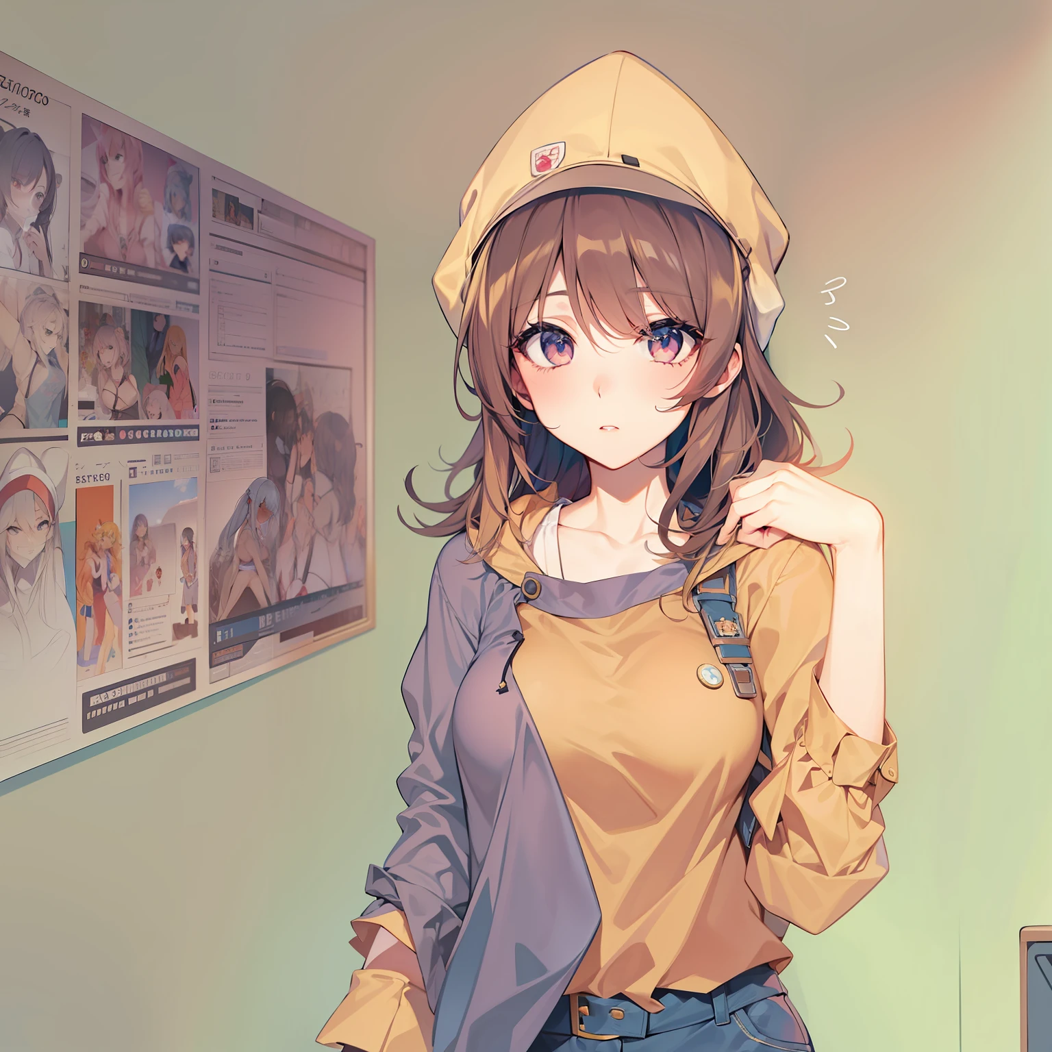 Anime girl in a yellow hat and blue jeans posing for a picture - SeaArt AI