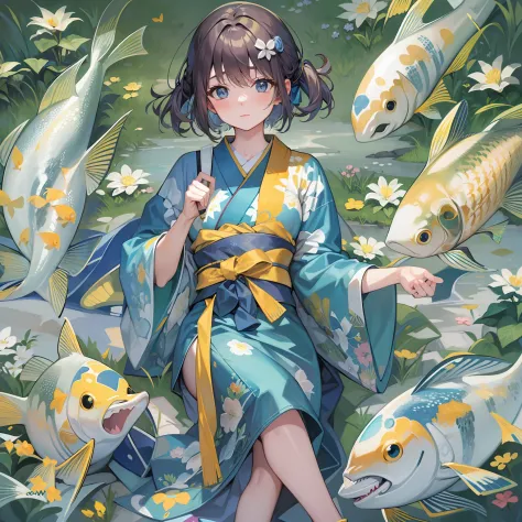 A graceful depiction of a young girl surrounded by a swirling flock of  mesmerizing koi fish, (lots of koi fishes),resembling an elegant and serene  Japanese ink painting. - SeaArt AI