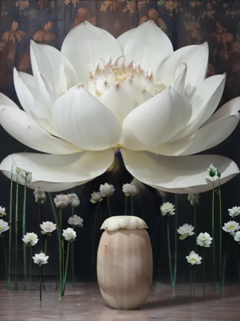 there is a vase，there is a flower inside，sit in front of a painting, sitting on a lotus flower, lotus petals, standing gracefull...