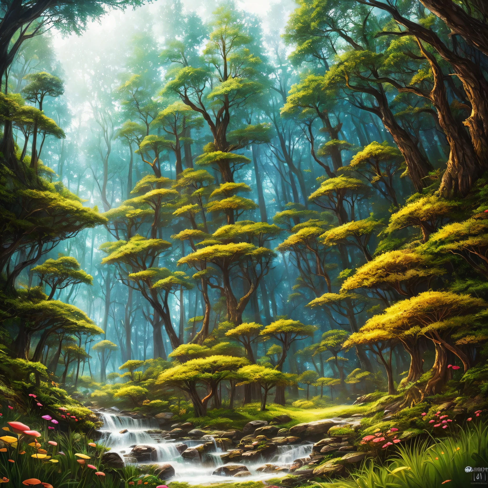 幻想的な森の魅惑的で夢のようなシーン，そびえ立つ木々，光るキノコと