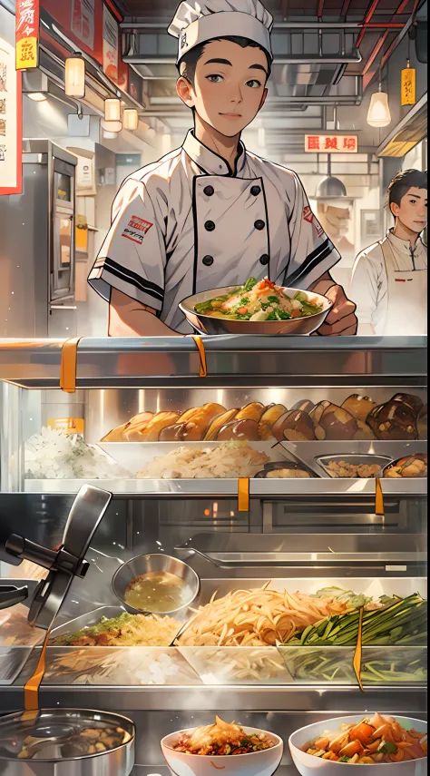 A young and promising male chef stands in front of a stall, The bowl in hand is filled with delicious fried rice，Numerous viewers watched eagerly，With anticipation，drools. ,in the style of the stars art group xing xing, 32K, Best quality, Masterpiece, Supe...