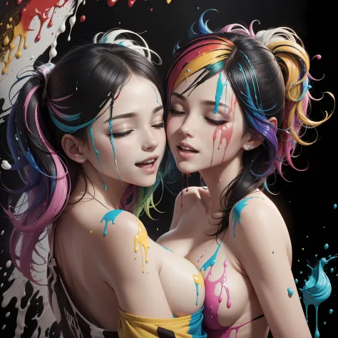 Paint leaking, thick Paint rainbow hair, open mouth, closed eyes, breasts covered with paint, ((sfw)), calm facial expression, relaxed, ((gentle smile)), paint instead of clothes, front view, sfw, small breasts, ((relaxed face)), relaxed shoulders, dynamic...