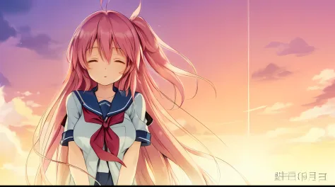 Anime, person, person, person, person, Long hair, Pink hair, Clouds, sky, Clouds, anime visual of a cute girl, watching the suns...