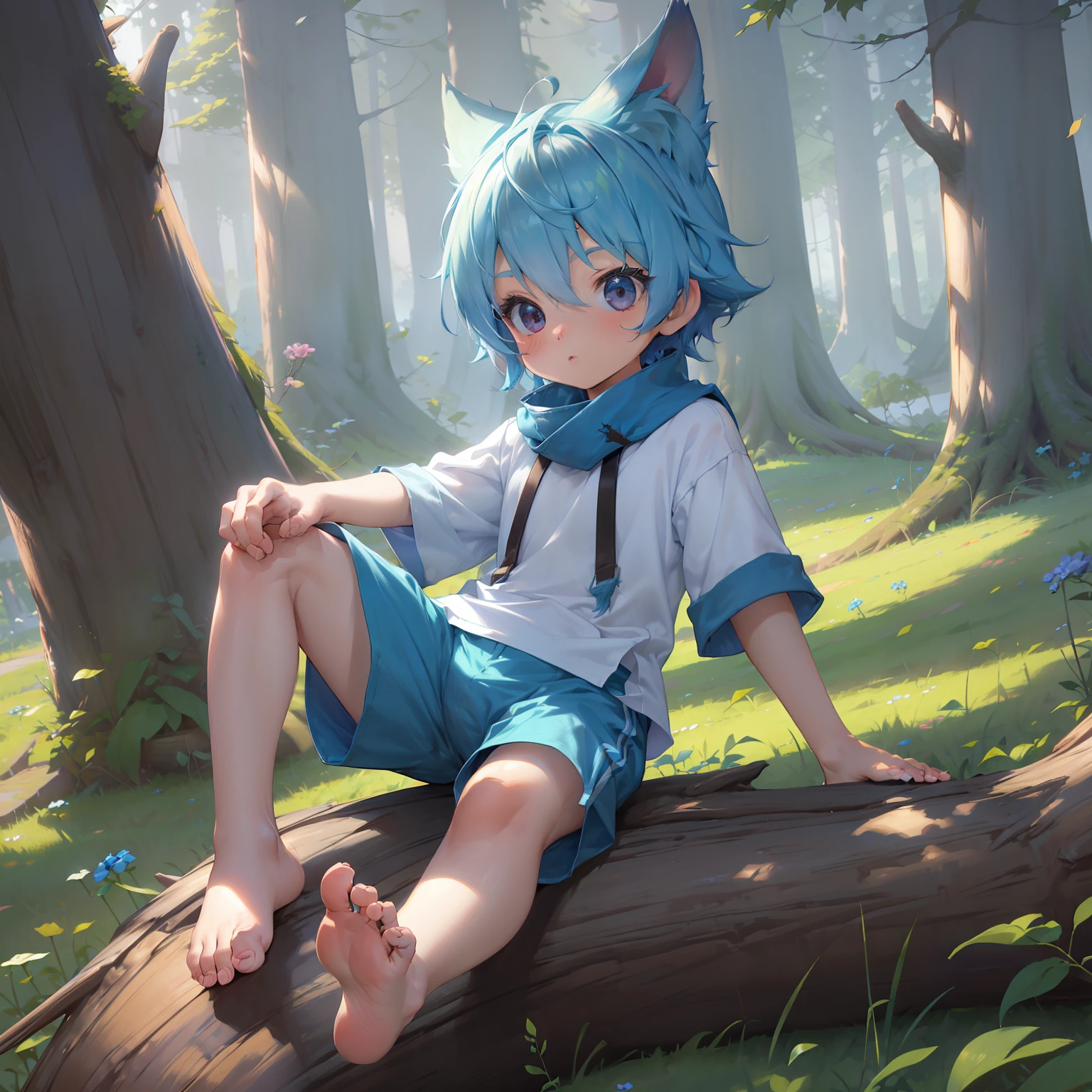 4K), Little boy with blue hair and barefoot and blue shorts, He sits on a tree trunk and wiggles his toes, raining day, Fog Light, impressionism, 2d, (Thorns: 1.1), (Dead tree: 1.1) Focused on the feet,