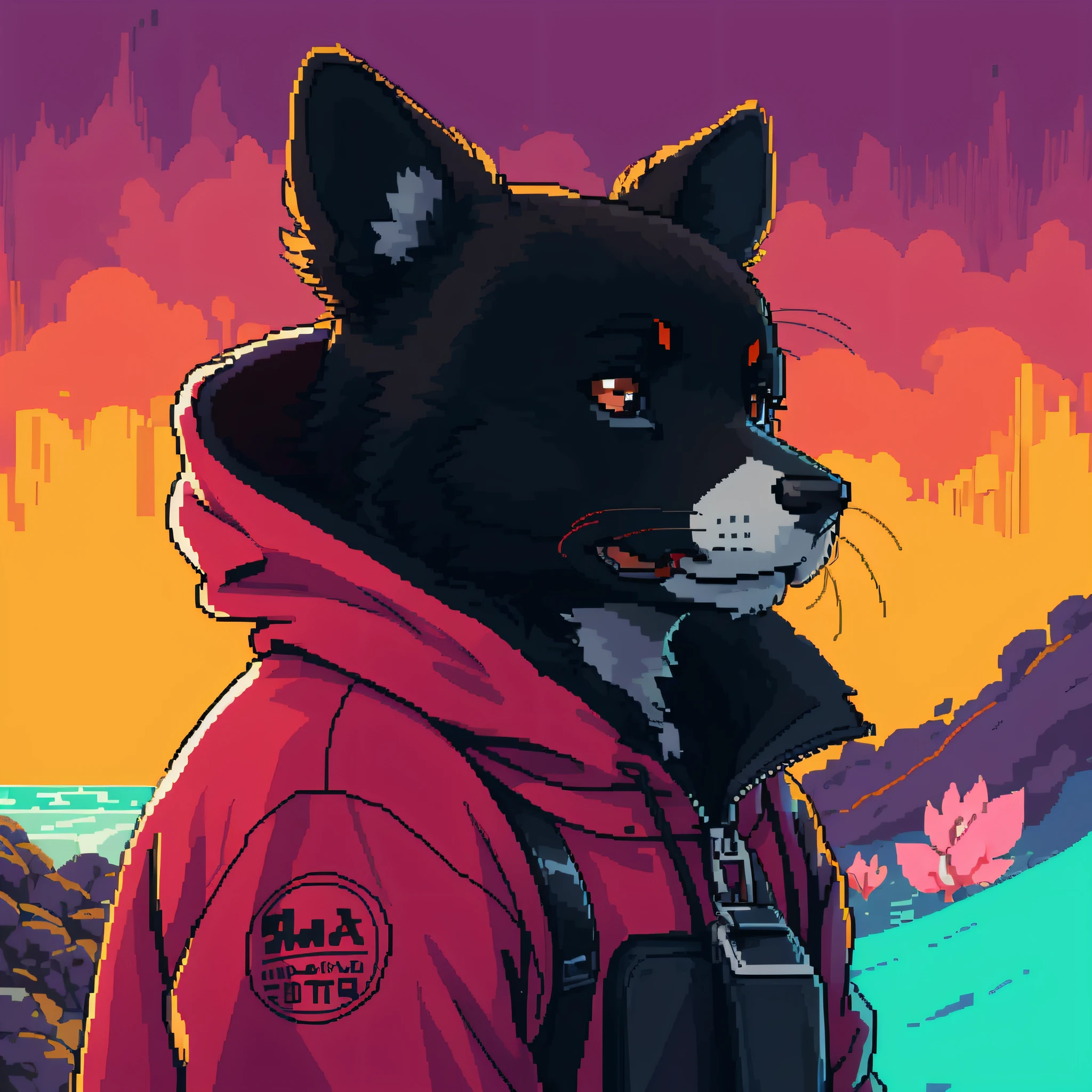 There is a black and white dog wearing a red jacket, Retrato de personagem peludo, qualidade superior, best quality, marca do logotipo, selo, geometric pattern, arte vetorial, Piece Mestraflor, Pixel Art, cores vibrantes