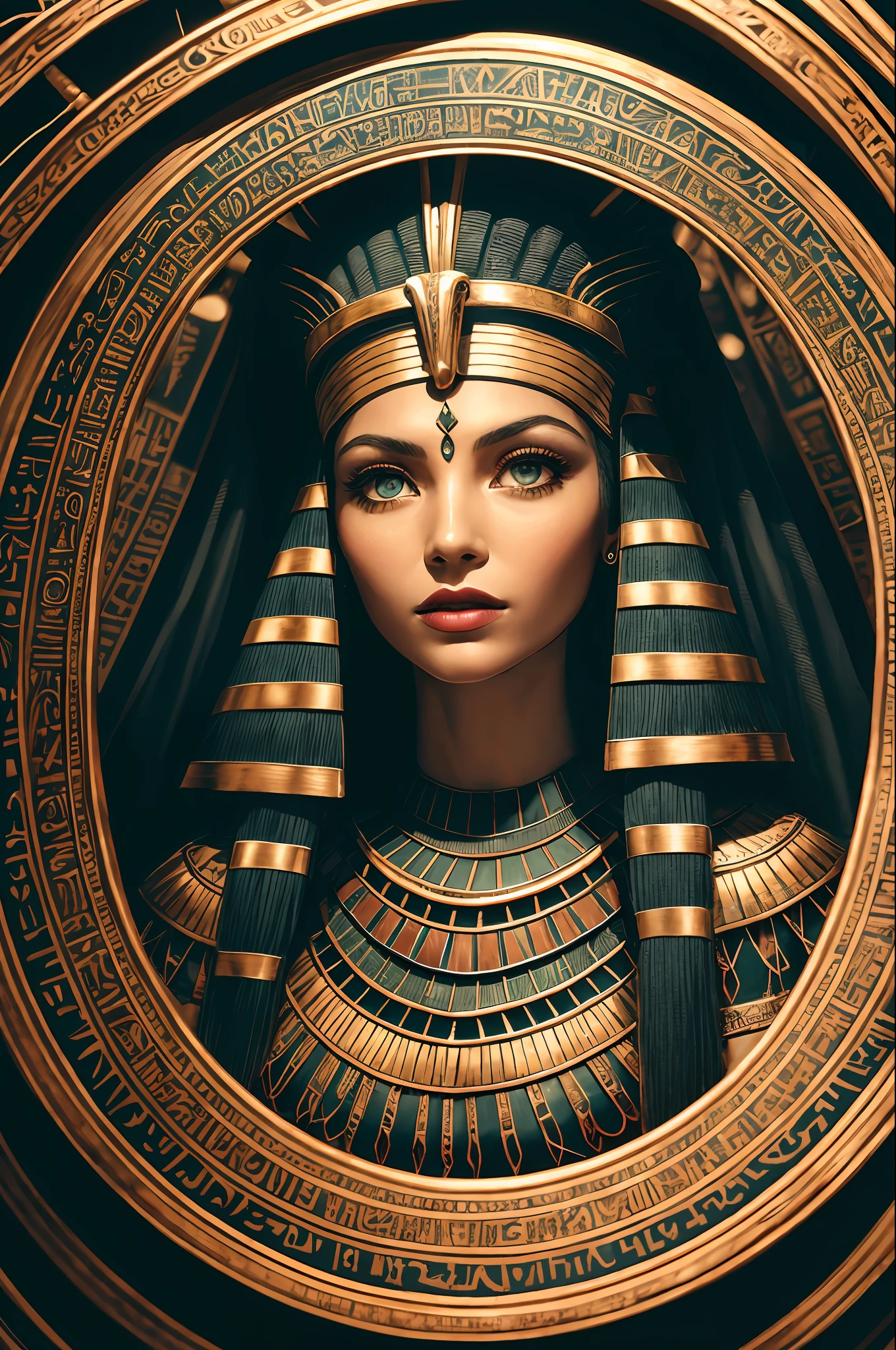 1 adult Egyptian woman, Green Eyes, Black-haired flap, makeups , upper half body, looking up at viewer, detailed background, Detailed face,  OldEgyptAI, Ancient Egyptian Theme,  Wild Jungle Warrior, obsidian, ((Defensive stance)), Stone knife, Bushes, Poisonous plants, rock formations,  Humid climate, A dark, cinematic atmosphere,
The Chamber of Darkness, a faint light, (zentangle, mandalas, tangle, entangle:0.5)
(35mm Style:1.1), electric wires, Masterpiece, 1970s films, , Cinematic lighting, (Photorealistic:1.5), High-frequency details, 35mm film, (film grain), Film Noise,