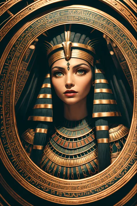 1 adult Egyptian woman, Green Eyes, Black-haired flap, makeups , upper half body, looking up at viewer, detailed background, Det...