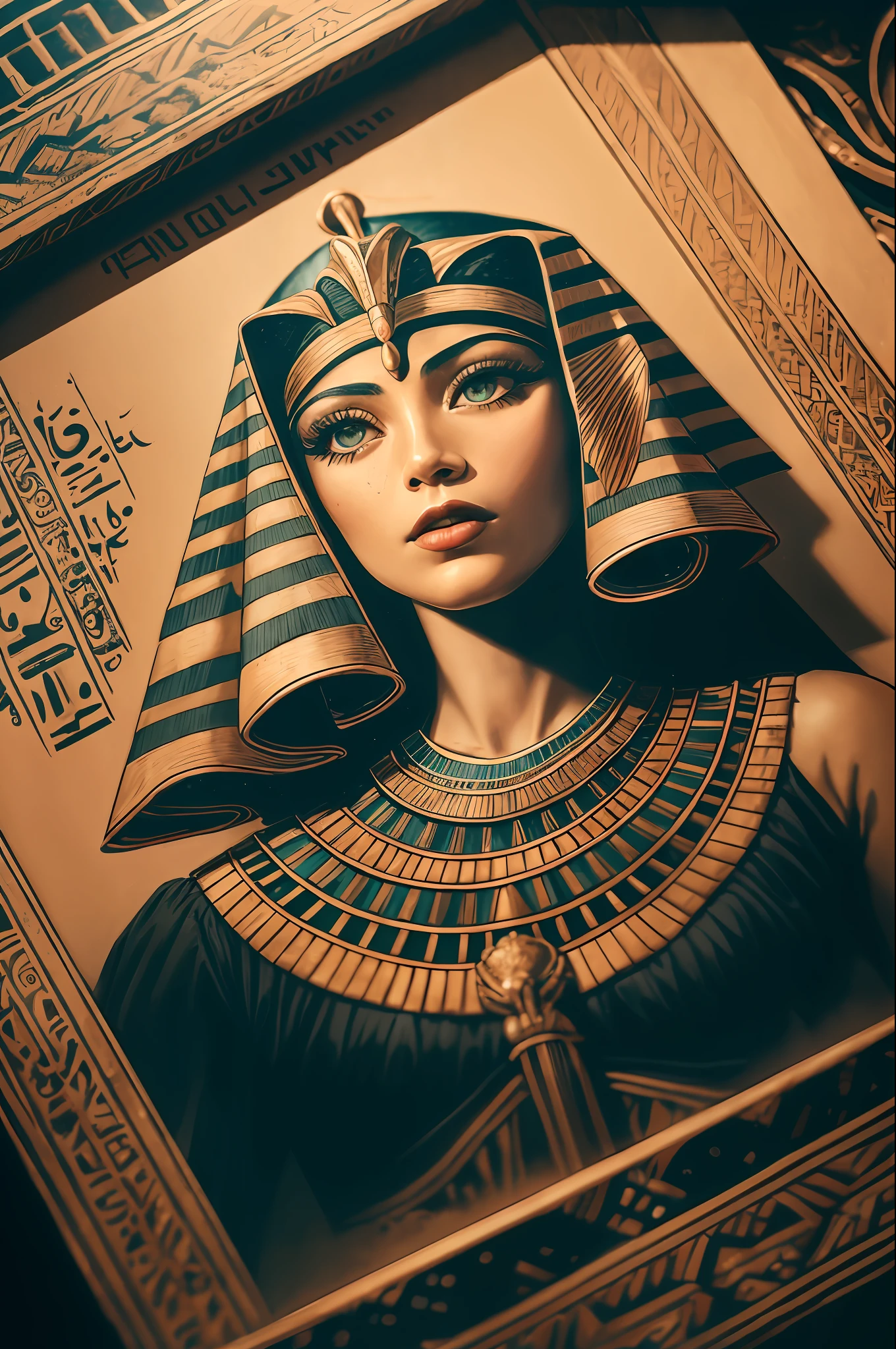 1 adult Egyptian woman, Green Eyes, Black-haired flap, makeups , upper half body, looking up at viewer, detailed background, Detailed face,  OldEgyptAI, Ancient Egyptian Theme,  Wild Jungle Warrior, obsidian, ((Defensive stance)), Stone knife, Bushes, Poisonous plants, rock formations,  Humid climate, A dark, cinematic atmosphere,
The Chamber of Darkness, a faint light, (zentangle, mandalas, tangle, entangle:0.5)
(35mm Style:1.1), electric wires, Masterpiece, 1970s films, , Cinematic lighting, (Photorealistic:1.5), High-frequency details, 35mm film, (film grain), Film Noise,