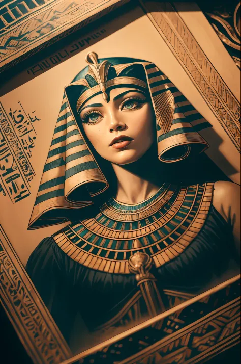 1 adult Egyptian woman, Green Eyes, Black-haired flap, makeups , upper half body, looking up at viewer, detailed background, Det...