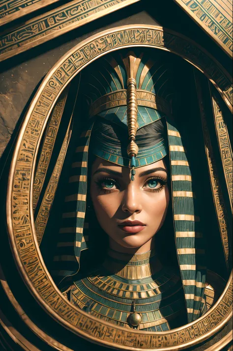 1 adult Egyptian woman, Green Eyes, Black-haired flap, makeups , upper half body, looking up at viewer, detailed background, Det...