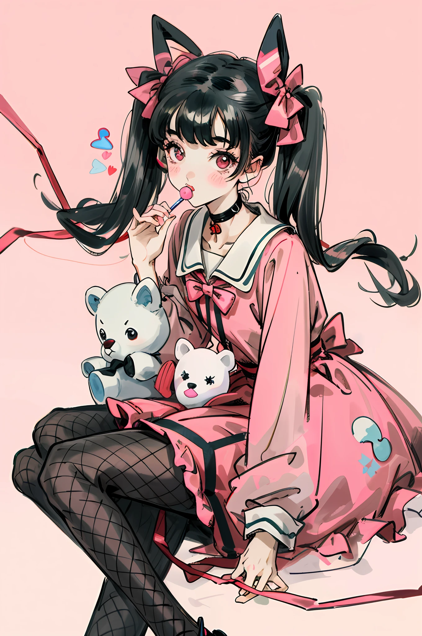 masterpiece, best quality, (jirai_kei),1girl, solo, long_hair, looking_at_viewer, shirt, black_hair, long_sleeves, bow, ribbon, twintails, sitting, monochrome, hair_bow, heart, pantyhose, frills, food, shoes, choker, blunt_bangs, black_skirt, pink_eyes, stuffed_toy, pink_background, stuffed_animal, frilled_skirt, pink_bow, (fishnets), candy, bandaid, pink_shirt, teddy_bear, lollipop, (fishnet_pantyhose), platform_footwear, pink_theme, pill, heart-shaped pupils,