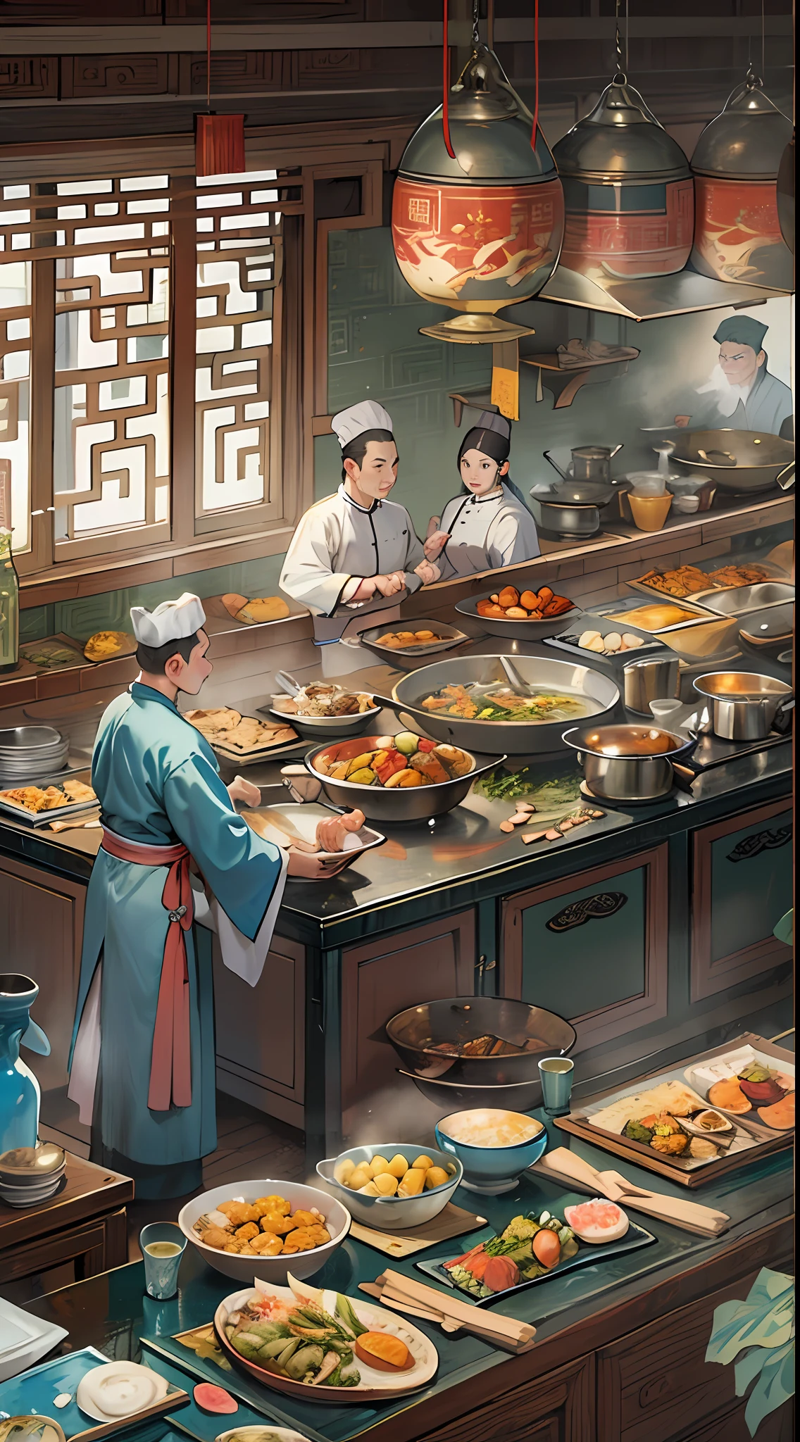 In the palace kitchen, Many chefs are busy cooking, Full of ancient Chinese kitchen elements，In the style of Chinese painting, A realistic depiction of everyday life, Fauvist animator, photo-realistic techniques, Lively tavern scene, Sky blue and amber, depictions of labor  ,16k, Best quality, Masterpiece, Super detail, High details