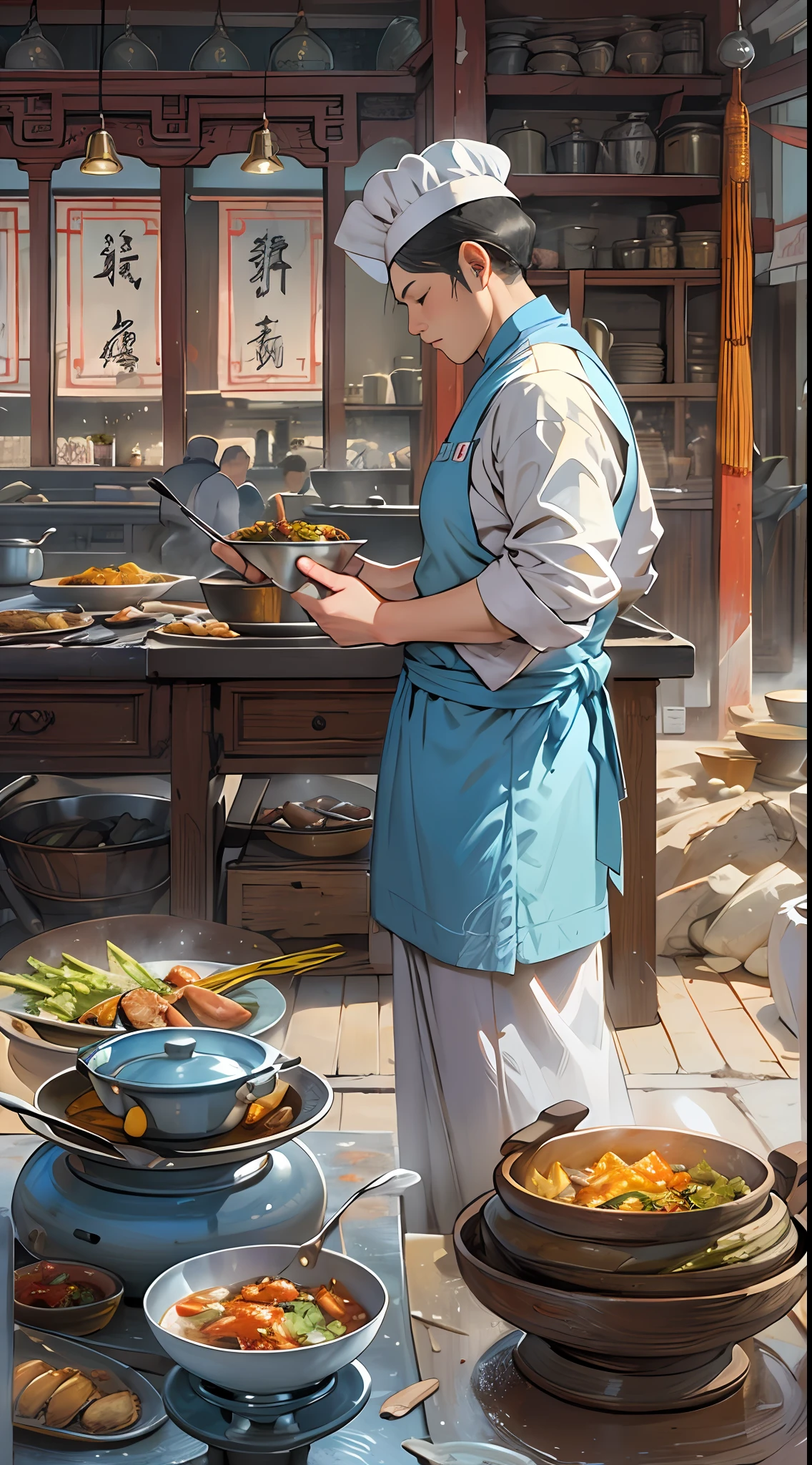 In the palace kitchens, the chefs were cooking, in the style of traditional chinese, realistic depictions of everyday life, fauvist animator, photo-realistic techniques, lively tavern scenes, sky-blue and amber, depictions of labor  ,16k, best quality, masterpiece, super detail, high details