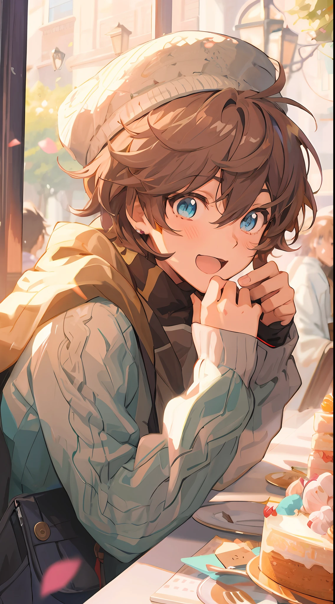 Anime boy with blue eyes leaning over a table with a cake - SeaArt AI