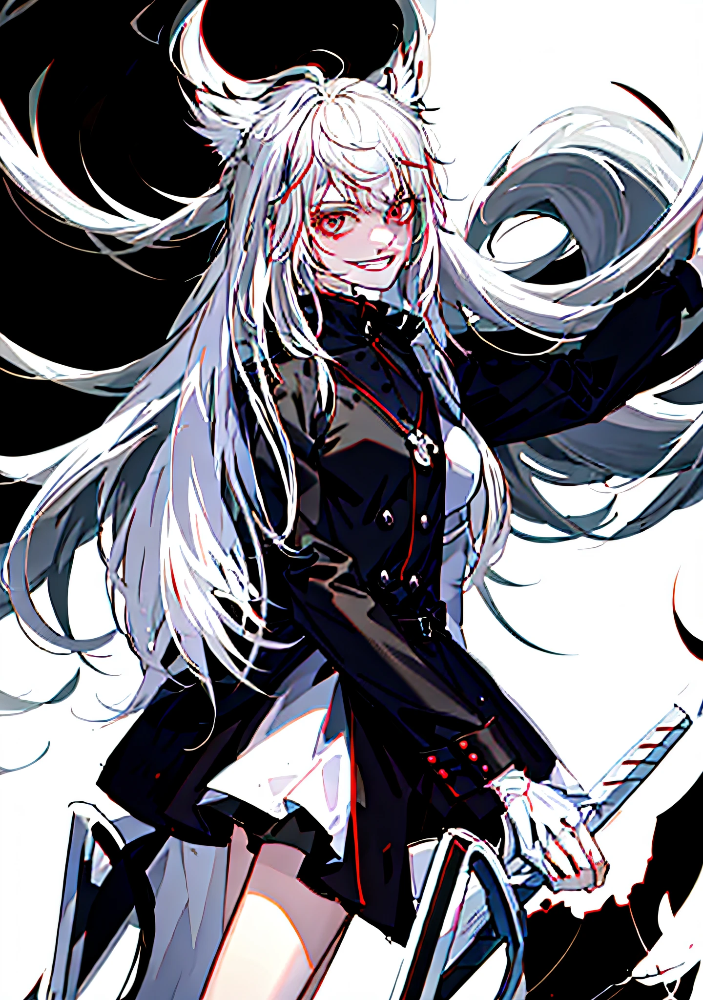 Anime girl with long gray hair and a sword, nyaruko-san, a silver haired mad, gapmoe yandere, gapmoe yandere grimdark, white haired Cangcang, digital art from danganronpa, White-haired god, silber hair, whaite hair, Anime moe art style, neferpitou, White-haired, zerochan art, Silver hair girl