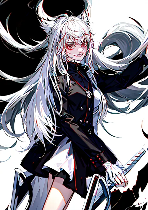 Anime girl with long gray hair and a sword, nyaruko-san, a silver haired mad, gapmoe yandere, gapmoe yandere grimdark, white hai...